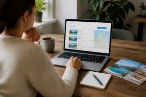 Reiziger vergelijkt vakanties op een laptop aan een tafel met notities en reisinformatie.