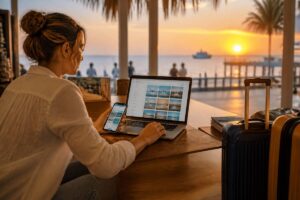 Reizen vergelijken met laptop en telefoon bij het plannen van een vakantie