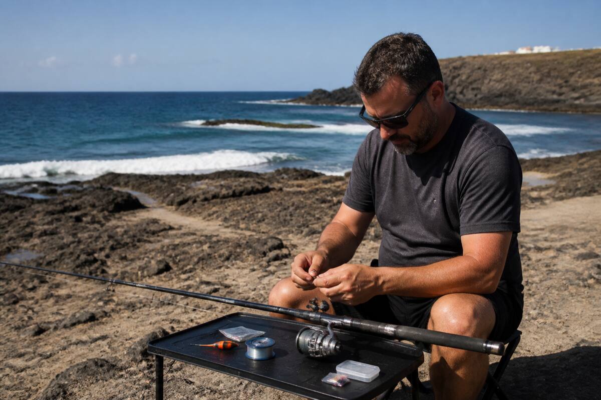 Uitrusting klaarmaken voor vissen op Lanzarote bij rotsachtige kust