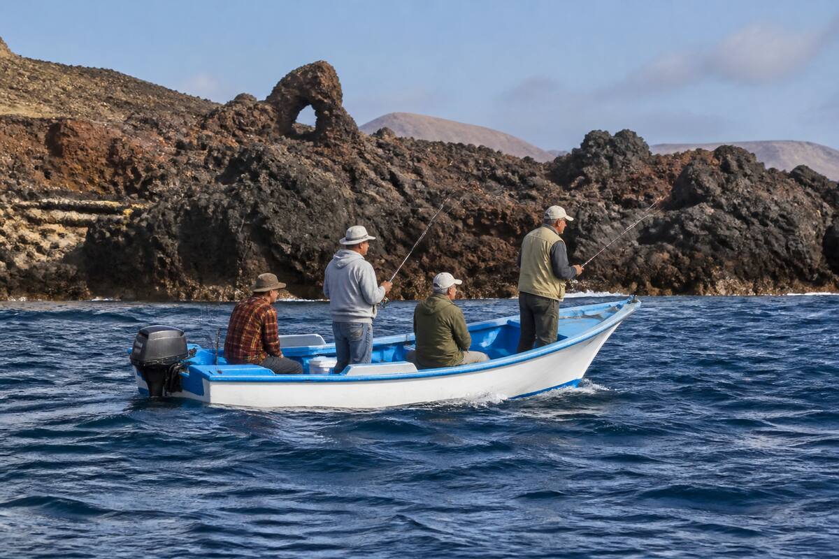 Vissers op een boot voor de kust van Lanzarote met de Atlantische Oceaan op de achtergrond