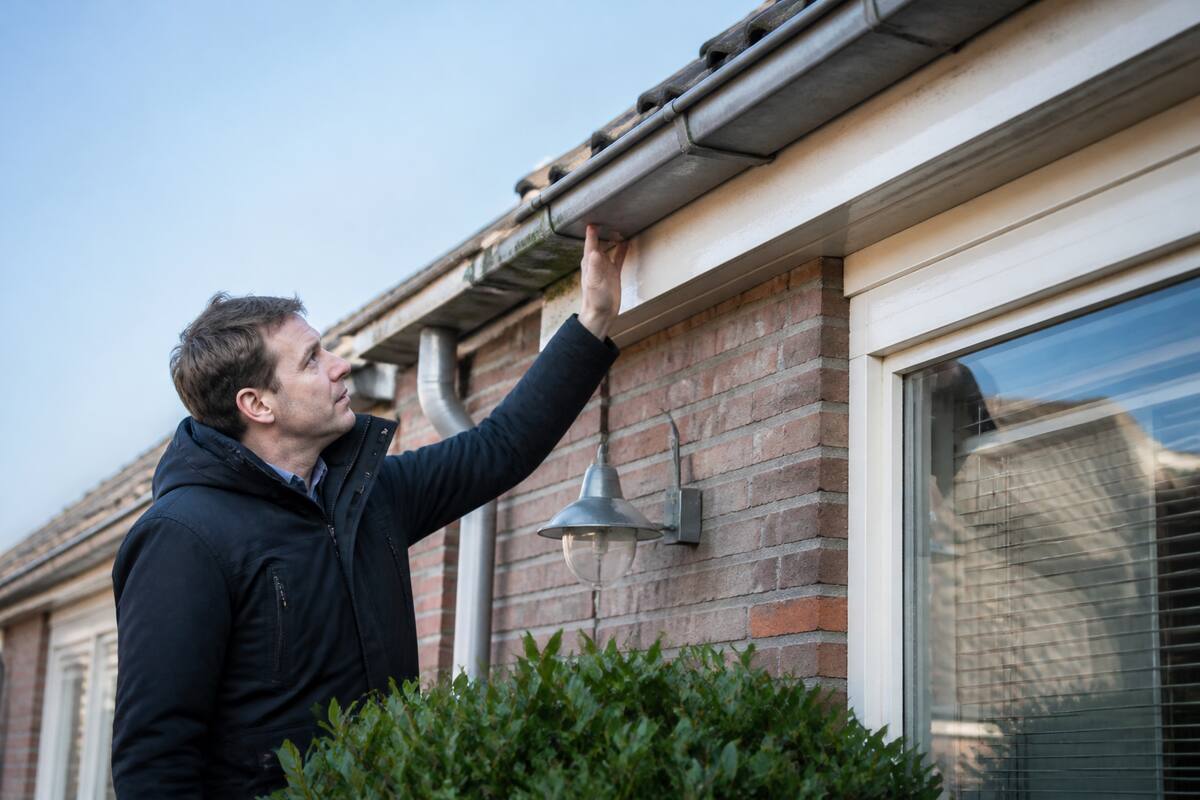 Tijdens een bezichtiging kijkt een koper aandachtig naar de gevel en dakgoot van een woning in Duitsland